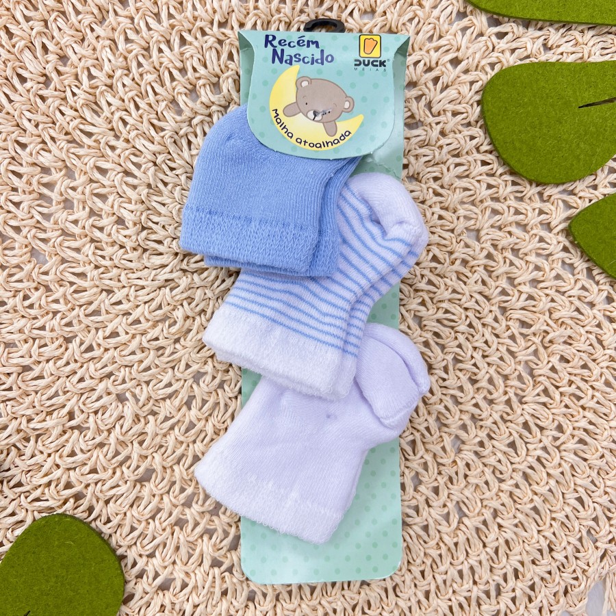 Kit 3 pares de Meia Atoalhada Recem Nascido Azul